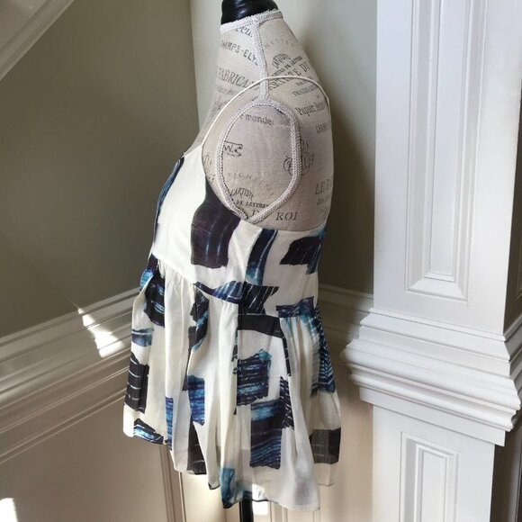 Tibi Peplum Racerback Blouse Top Shirt Womens 4 Cream Blue Sleeveless V-Neck - Picture 8 of 11